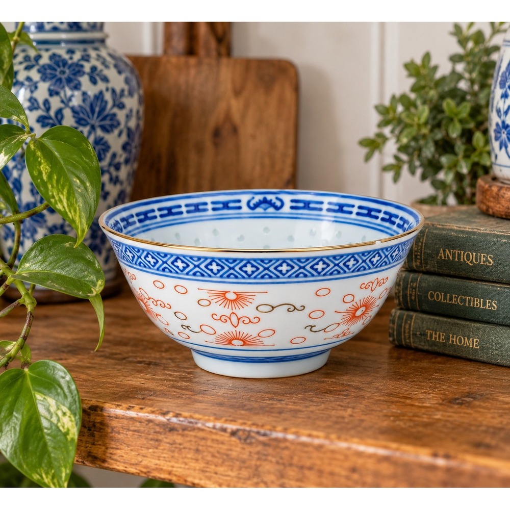 Vintage Jingdezhen Rice Grain Porcelain Bowl Blue White Red Gold 5⅛" Chip